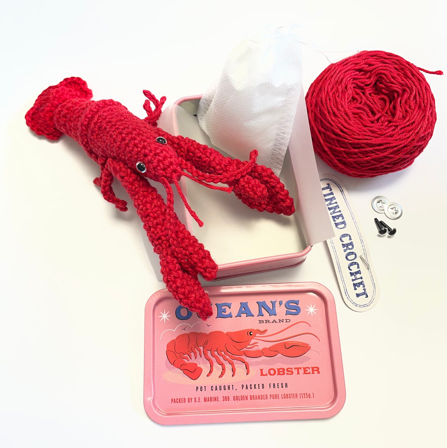 Lobster Crochet in a Tin. Complete Crochet kit. Bougie Tinned Lobster.