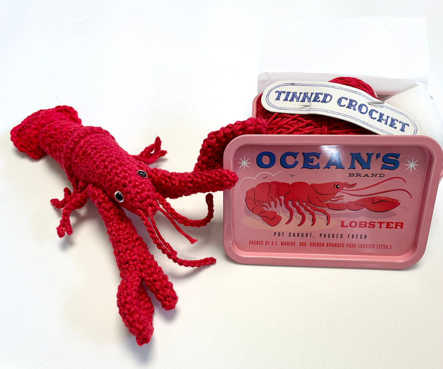 Lobster Crochet in a Tin. Complete Crochet kit. Bougie Tinned Lobster.