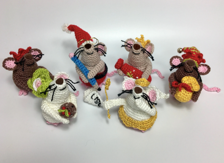 Festive Mice Collection. Set 6 Cheeky Mice Amigurumi Crochet Kits. Complete kits with luxury British yarns.