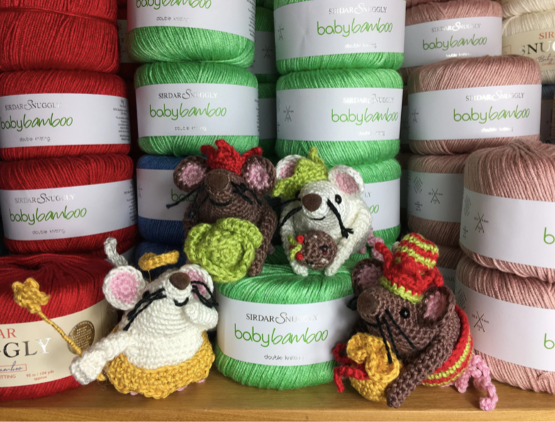 Festive Mice Collection. Set 6 Cheeky Mice Amigurumi Crochet Kits. Complete kits with luxury British yarns.