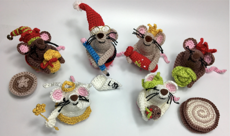 Festive Mice Collection. Set 6 Cheeky Mice Amigurumi Crochet Kits. Complete kits with luxury British yarns.