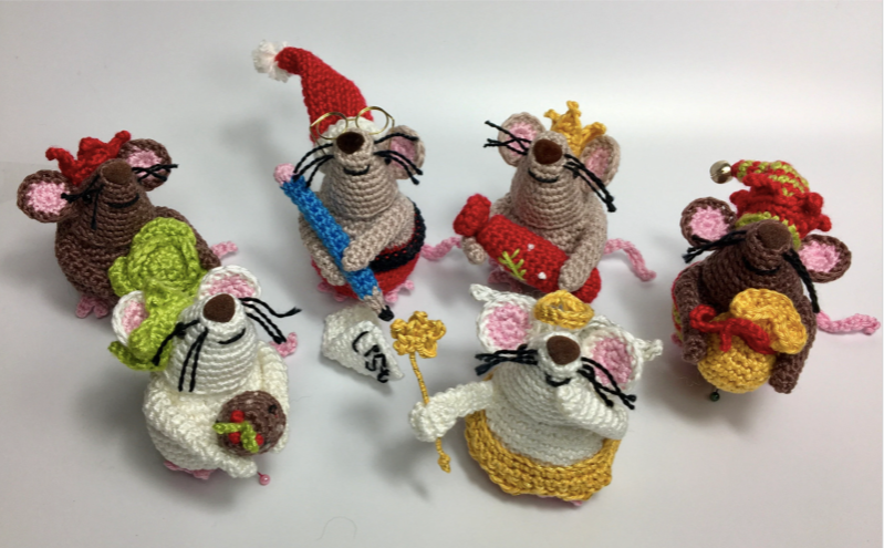 Festive Mice Collection. Set 6 Cheeky Mice Amigurumi Crochet Kits. Complete kits with luxury British yarns.