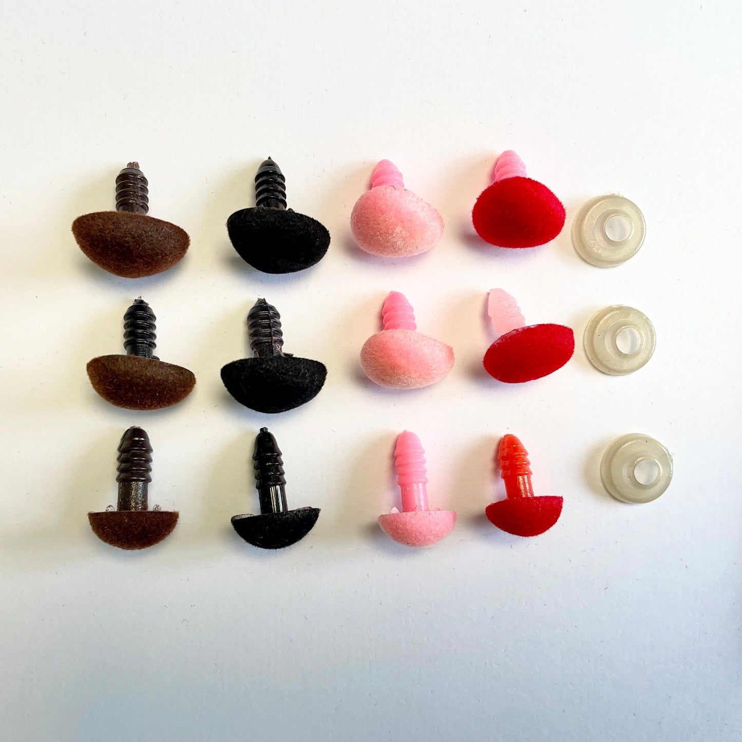 Flock Noses! Flock noses for Amigurumi Crocheted Animals. Brown, Black, Red & Pink. Available in 14mm, 15mm and 16mm.