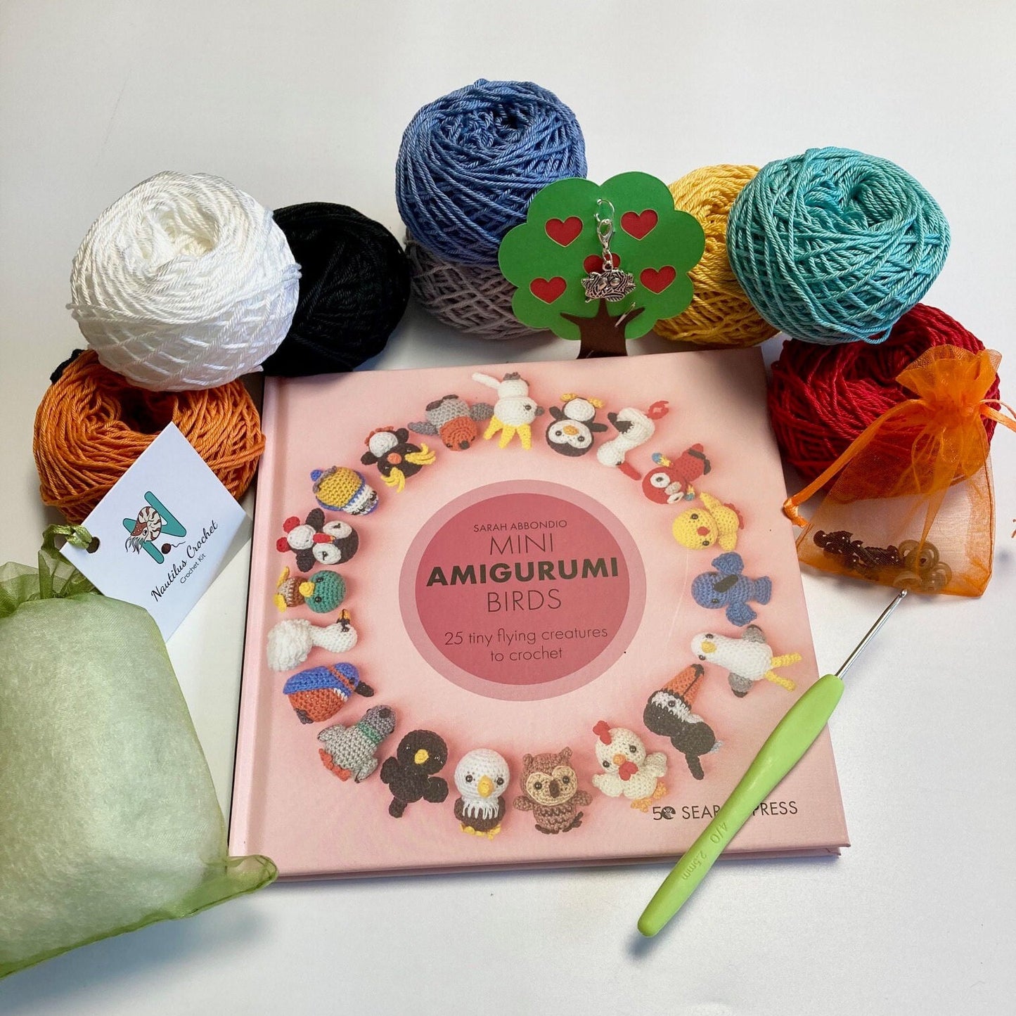 Crocheted Birds Kit. Book, luxury yarn, crochet hook, nest stitch marker & accessories. Make the most adorable little bird buddies!