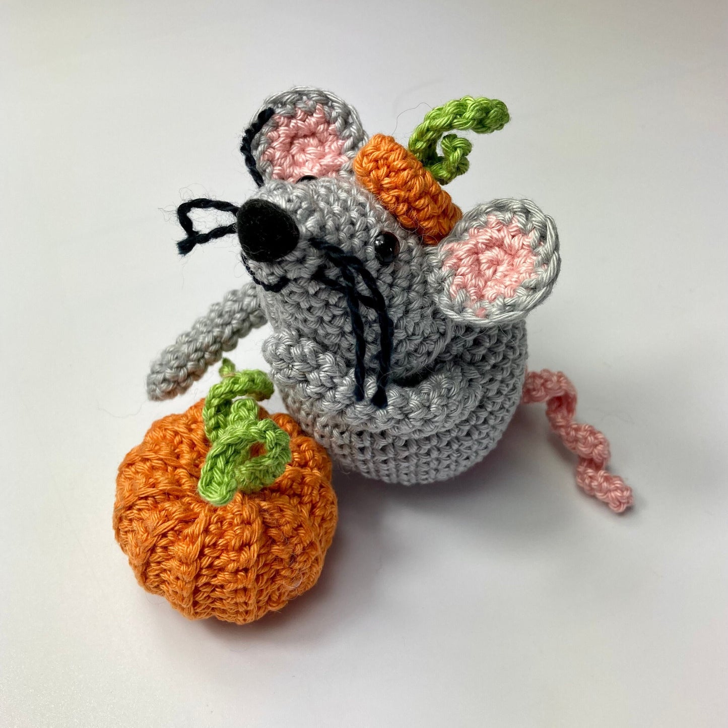 Halloween Mouse & Pumpkin Crochet Kit. Meet 'Tucker'! Complete Kit with luxury natural yarns, cute pumpkin stitch marker, accessories.