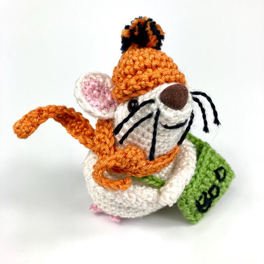 Halloween Trick or Treat Mouse Crochet Kit. Meet 'Boo'! Complete Kit with luxury natural yarns, cute pumpkin stitch marker, accessories.