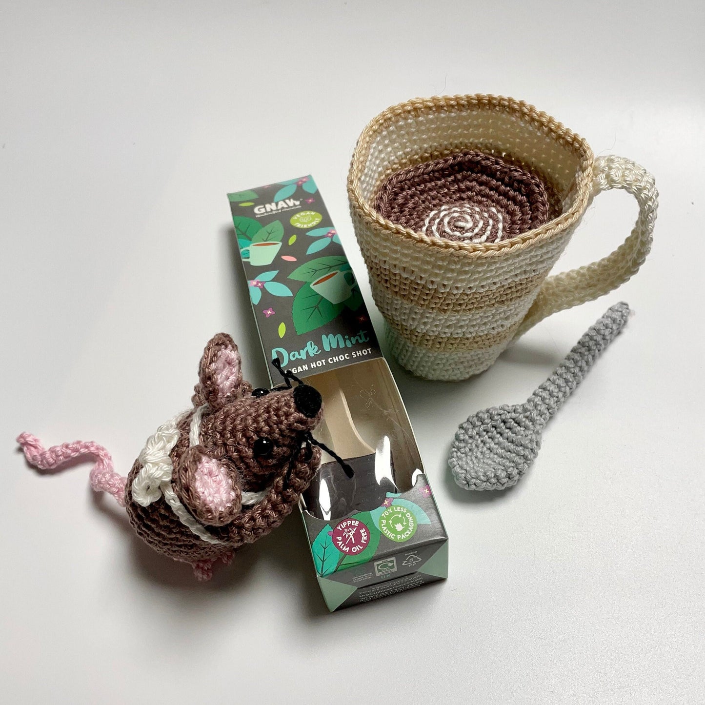 Rolo Mouse Crochet & Hot Chocolate Gift Set. Amigurumi Crochet Kit featuring Rolo, his Spoon, Mug of Hot Chocolate plus Gnaw Gift.