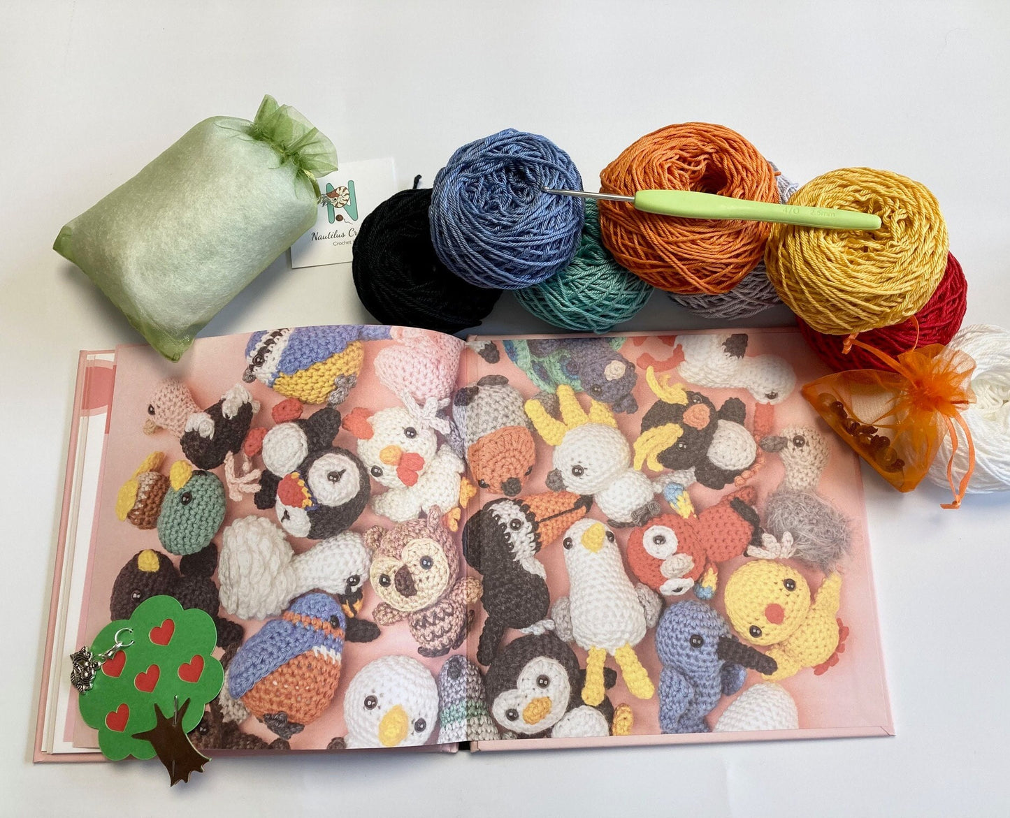 Crocheted Birds Kit. Book, luxury yarn, crochet hook, nest stitch marker & accessories. Make the most adorable little bird buddies!