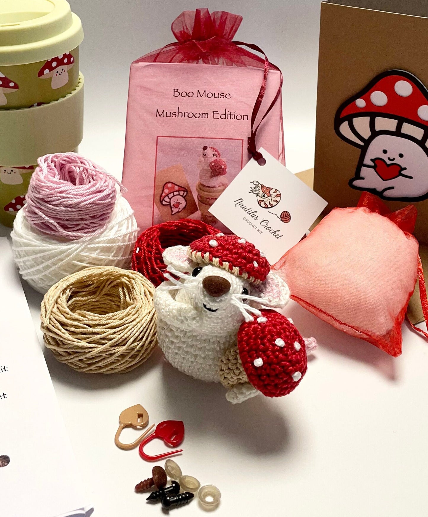 Boo, the Mushroom Mouse! Complete Amigurumi Crochet Kit for beginners up. Featuring luxury British yarns.