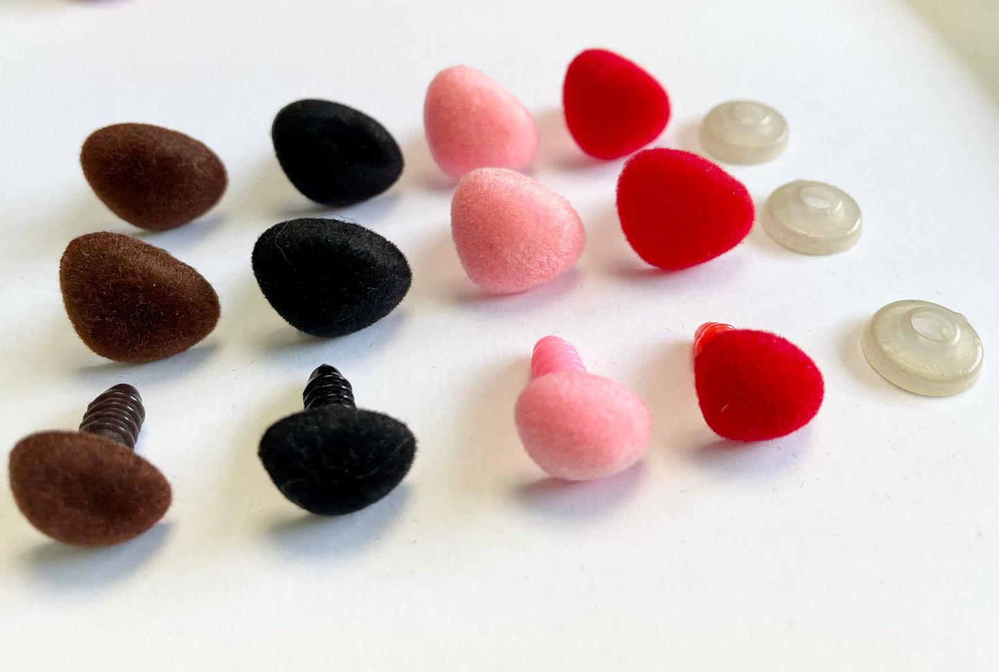 Flock Noses! Flock noses for Amigurumi Crocheted Animals. Brown, Black, Red & Pink. Available in 14mm, 15mm and 16mm.