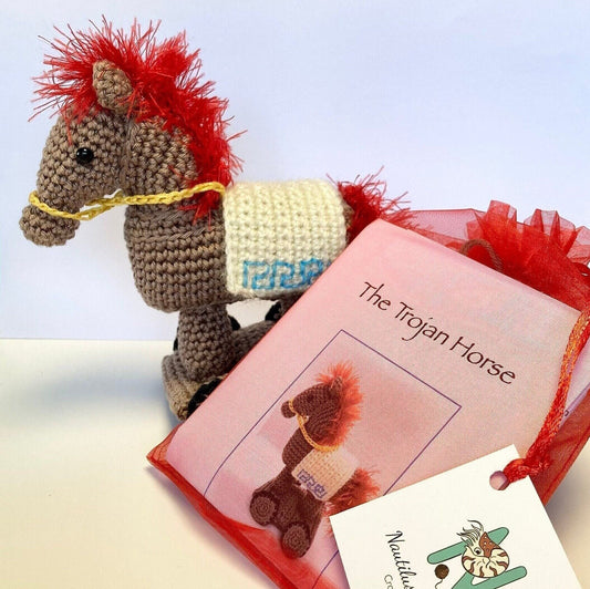 Trojan Horse Amigurumi Crochet Kit. Cutest little Greek horse to crochet with luxury yarns. Perfect for gifting!