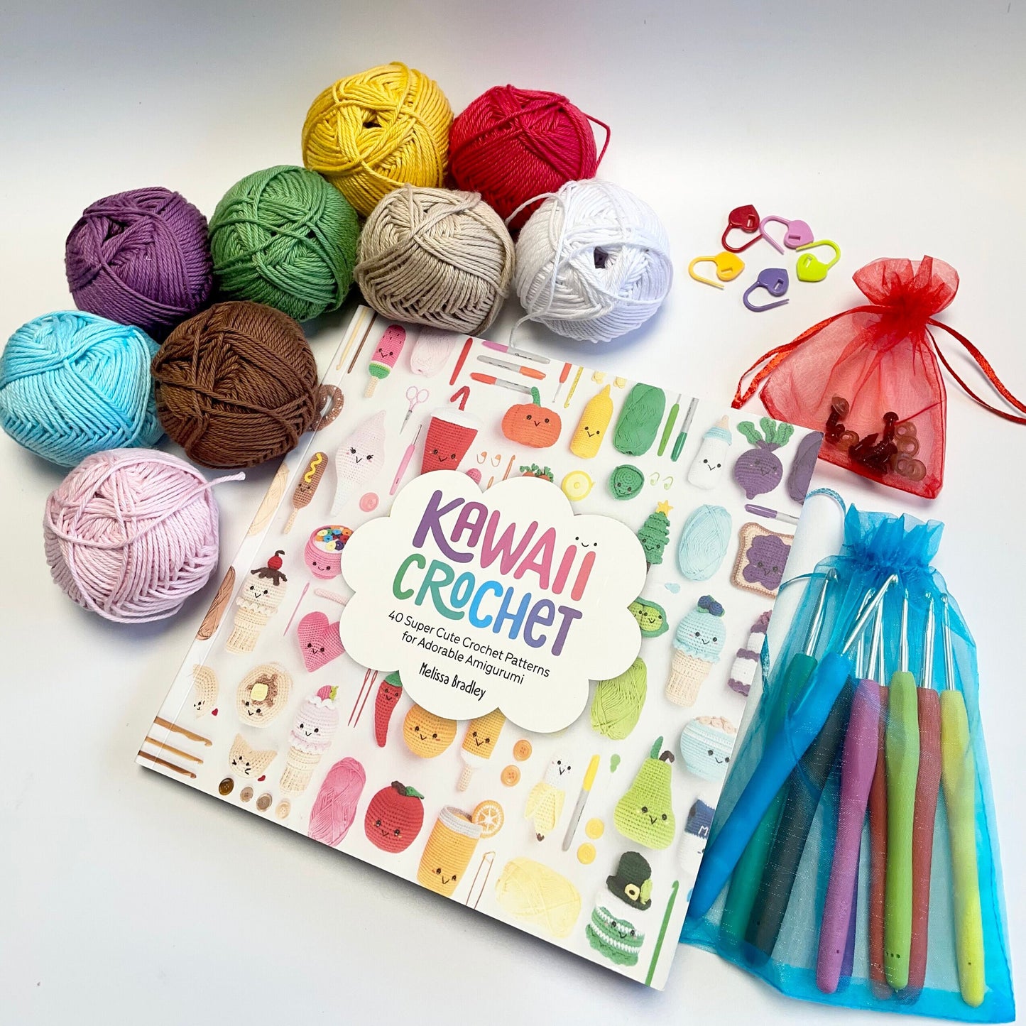 Kawaii Crochet Kit. A Joyful Kit for Beginners Upwards! Includes UK Yarns, Book, 9 Crochet Hooks & Cute Accessories.