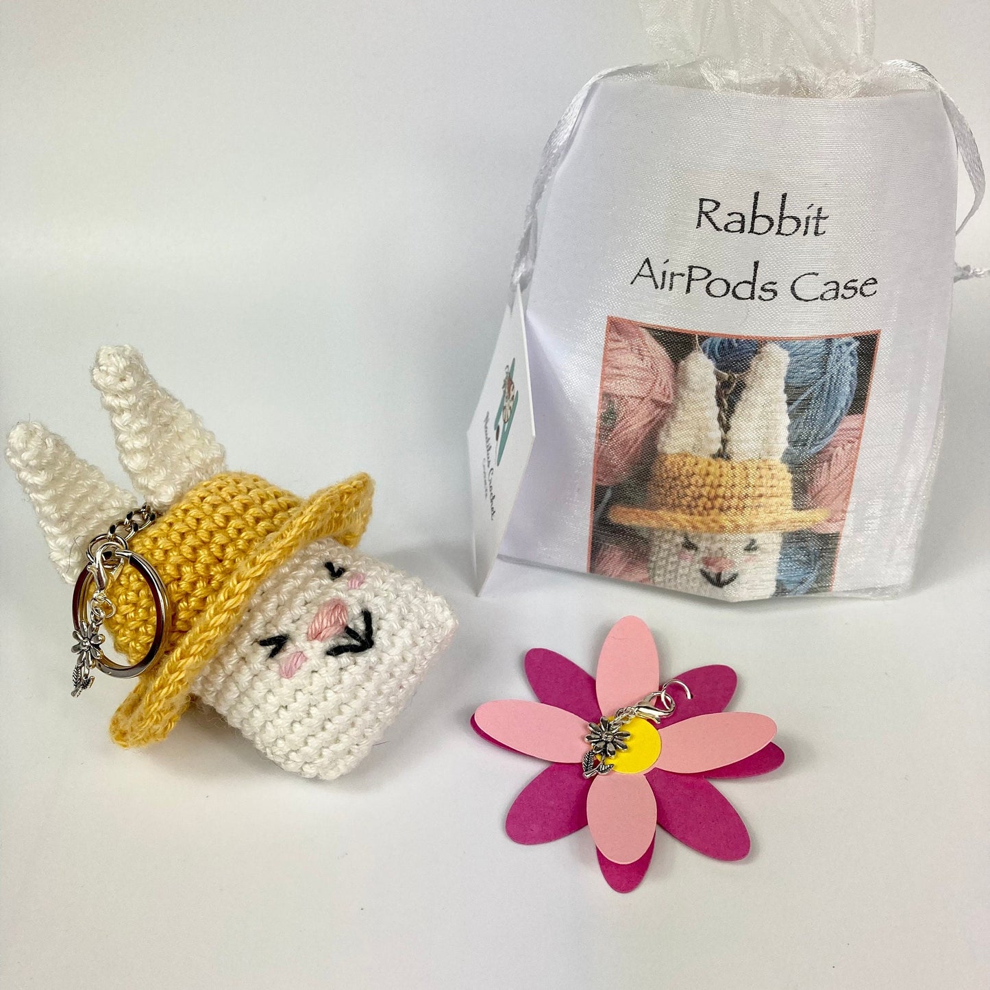 Rabbit AirPods Case Keyring Crochet Kit.  Including full instructions, luxury yarns and accessories.