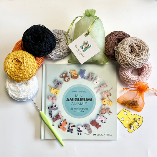 Crocheted Animals Kit. Book, luxury yarn, crochet hook, mouse stitch marker & accessories. Make 26 wild and wonderful buddies!