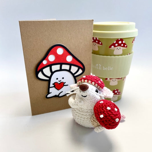 Mushroom Gift Set! Mouse and Mushrooms Amigurumi Kit, Sass & Belle Mushroom Travel Mug plus a Handmade Mushroom Card.