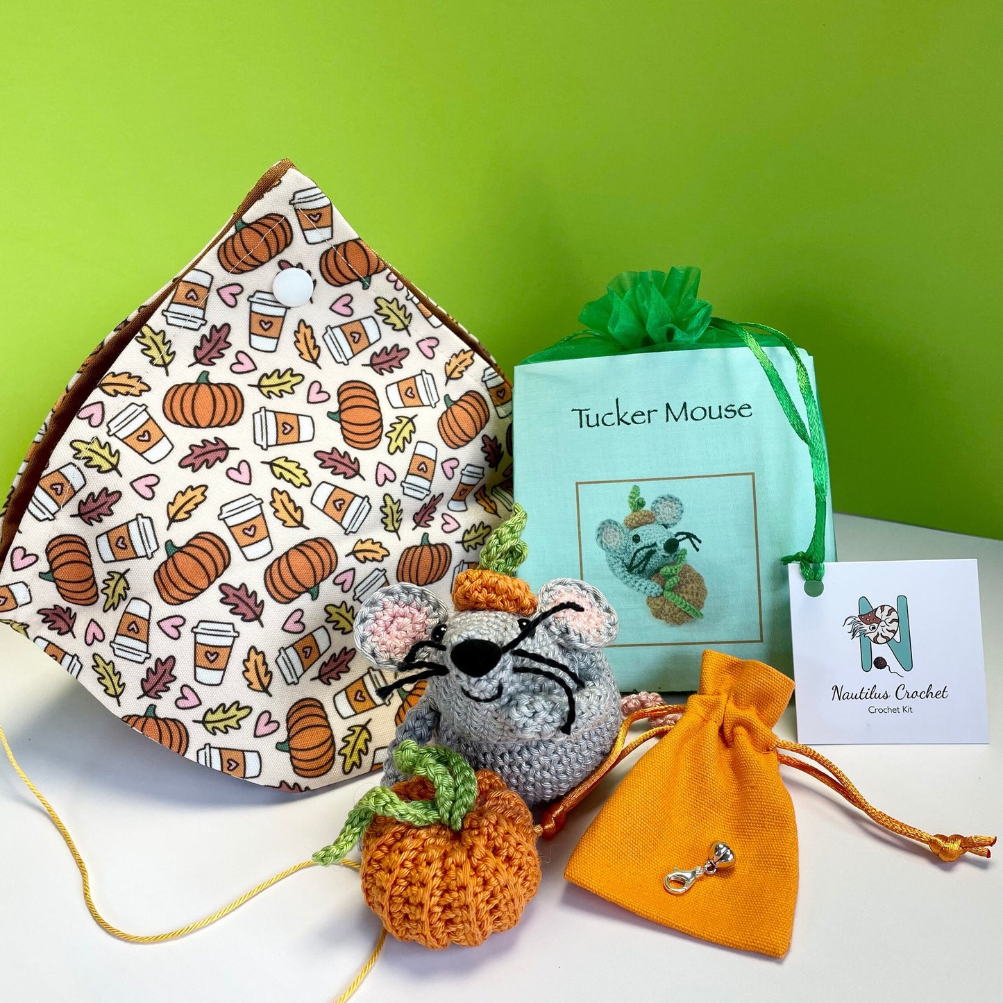 Pumpkin Spice Yarn Bag Gift Set. Including Tucker Mouse Crochet Kit, Pumpkin Crochet Kit, Crochet Hook & Silver Pumpkin Stitch Marker