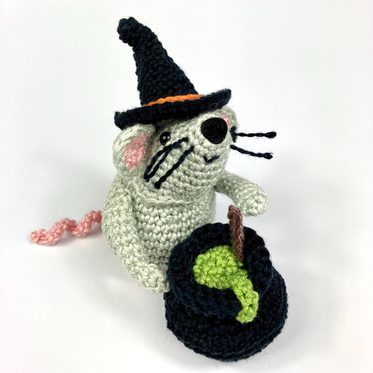 Witch Mouse Crochet Kit. Meet 'Bubble'! Complete Kit with luxury natural yarns, cute cauldron stitch marker & accessories.