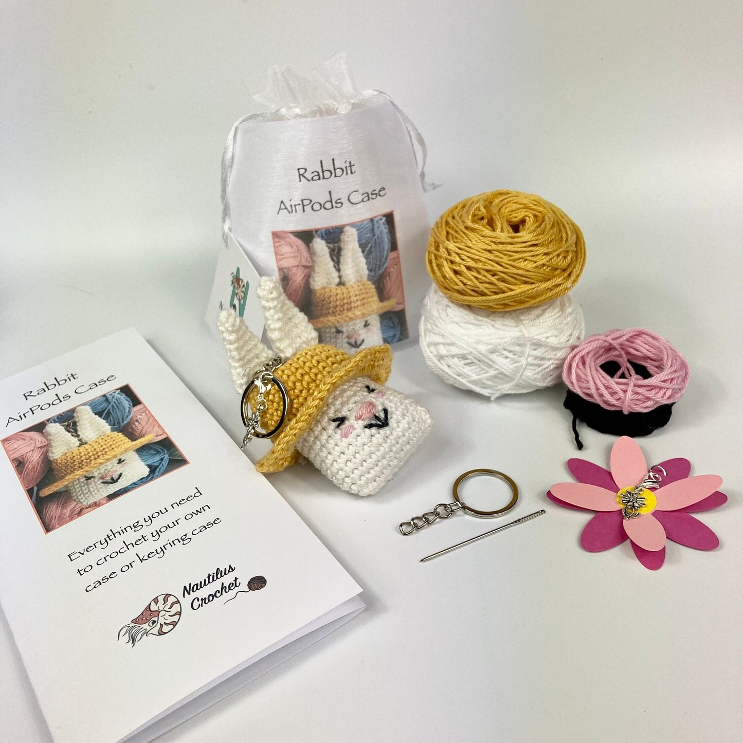 Rabbit AirPods Case Keyring Crochet Kit.  Including full instructions, luxury yarns and accessories.