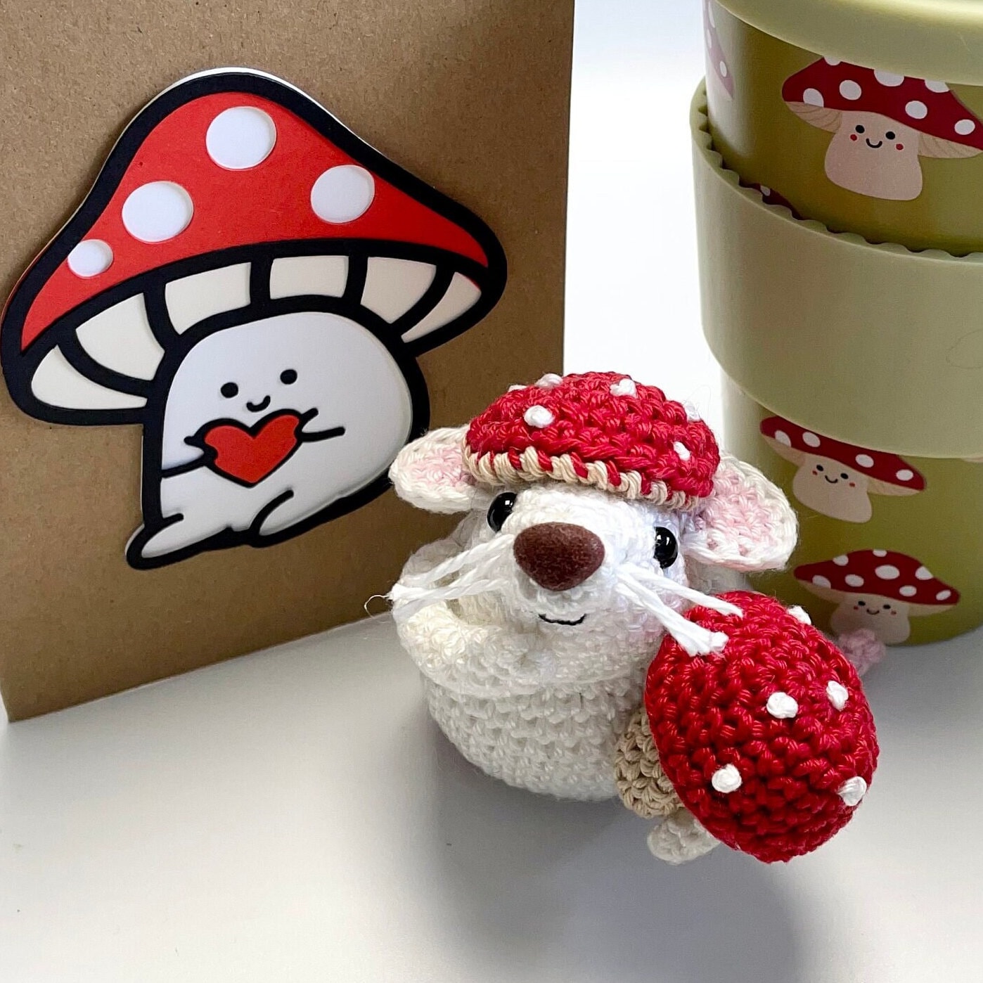 Boo, the Mushroom Mouse! Complete Amigurumi Crochet Kit for beginners up. Featuring luxury British yarns.