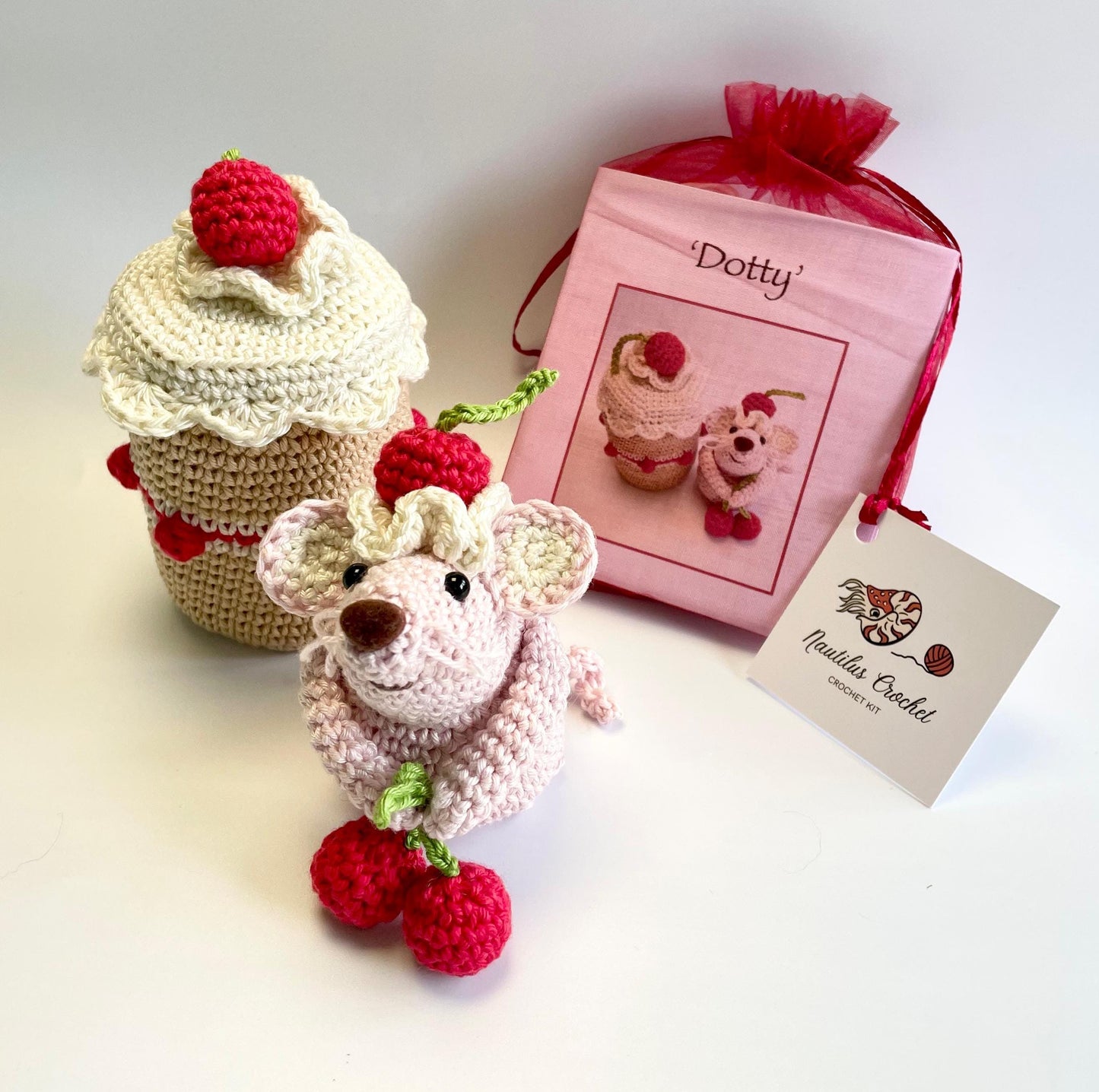 Dotty, the Cherry Mouse! Complete Amigurumi Crochet Kit for beginners up. Featuring luxury British yarns.