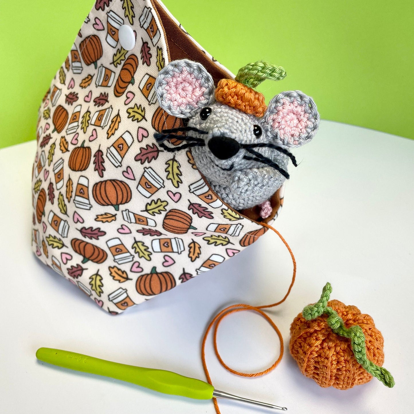 Pumpkin Spice Yarn Bag Gift Set. Including Tucker Mouse Crochet Kit, Pumpkin Crochet Kit, Crochet Hook & Silver Pumpkin Stitch Marker