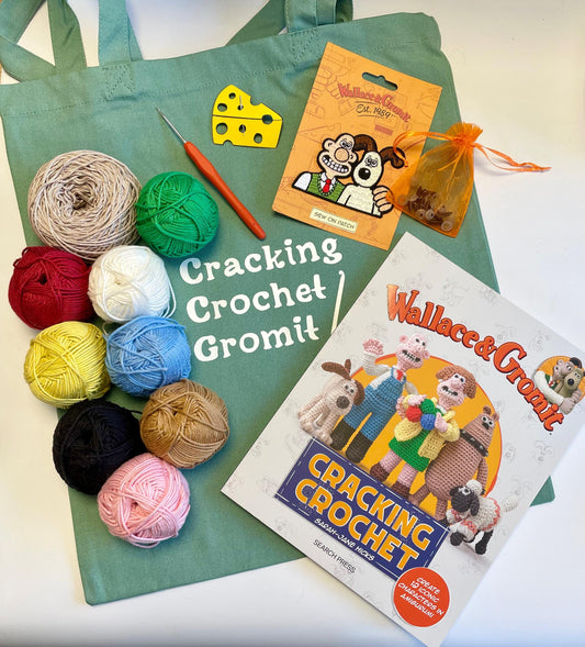 Wallace & Gromit Cracking Crochet Kit. Book, Luxury Cotton Yarns, Hook and accessories  in an Organic Cotton 'Cracking Crochet Gromit' Bag.