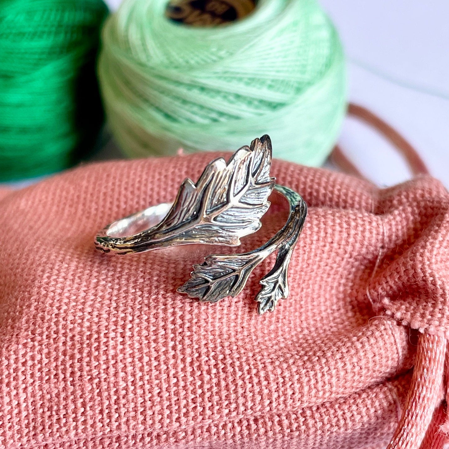 Leaf Crochet Ring. Handmade in Recycled Silver. Beautifully detailed leaves in a wrap cuff ring. Adjustable for crochet tension.